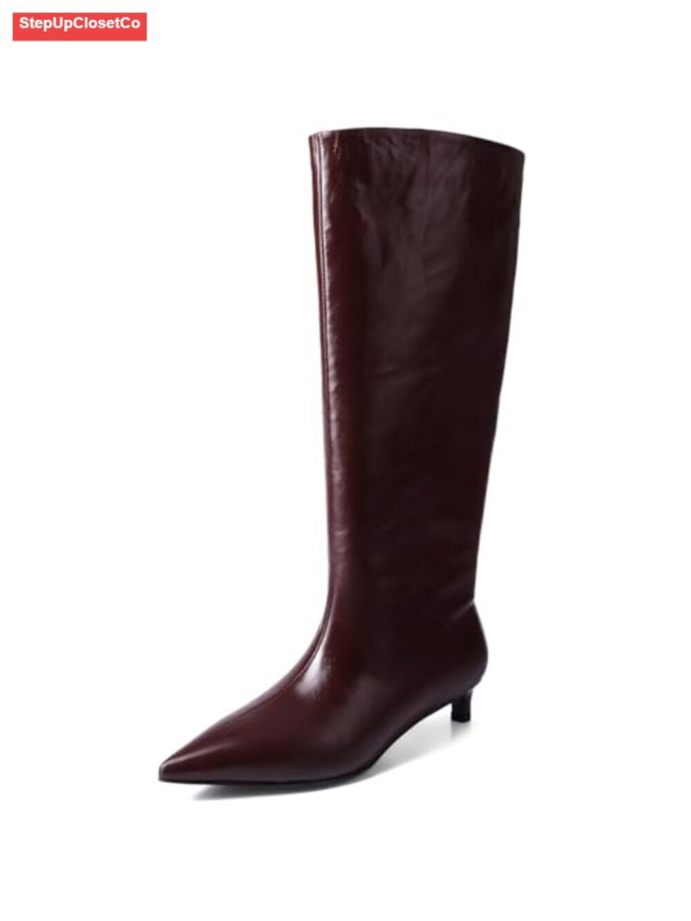 Knee High Boots Kitten Heel Pointed Toe Pull On Faux Fur Lined PU Patent
